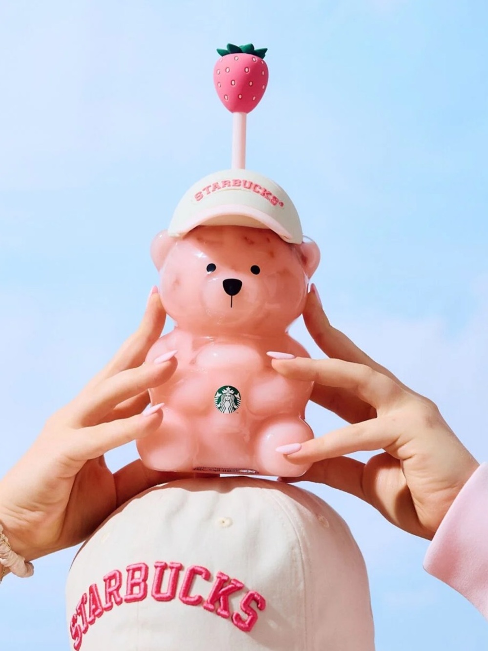 New in Box Starbucks Clear Bear Tumbler with Pink Strawberry Lid and Cream Cap - Picture 3 of 3